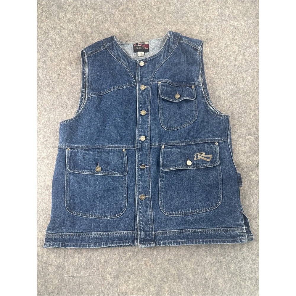 Results Jeans Vest Mens L/G Button Up Vintage Denim Streetwear Hip Hop 90s Baggy